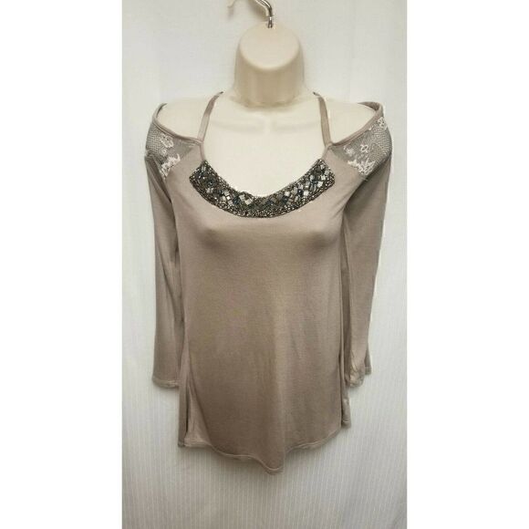 Women's Lace Cold Shoulder Blouse Beaded Neck, Slim Fit T-Shirt Long Sle… - Picture 3 of 5